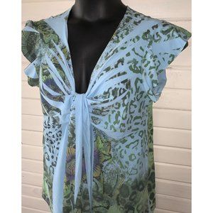 J MODE Sz 3XL Blue Green Print Tunic Twisted Gathered Neckline Top EUC